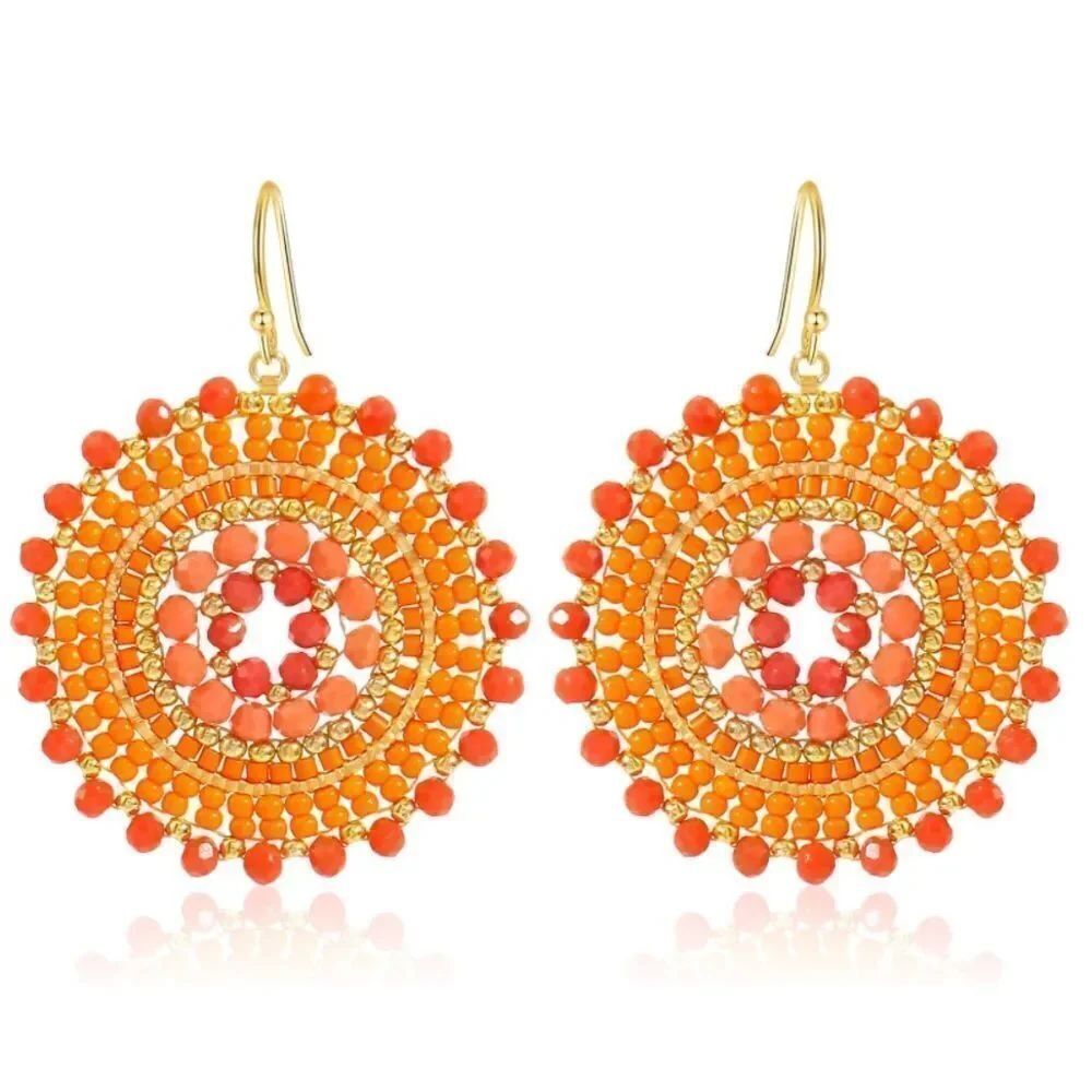 Orange and Gold Beaded Crystal Round Disc Boho Statement Dangling Hook Earrings